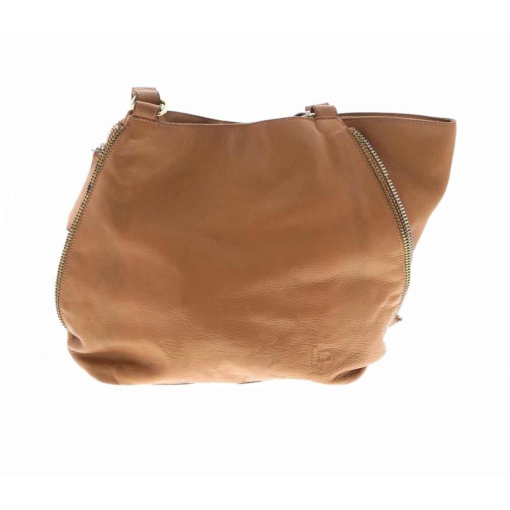 Linea Pelle LP Tan Leather Shoulder Bag Zipper Detail Hobo Tote Camel Brown